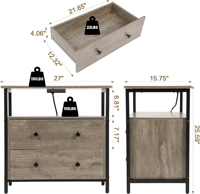 Edbuosy 27 inch Wide Night Stand with Charging Station, Bedside Table with Open Shelf, 2 Drawers Small Wood Dresser, Modern Wood Nightstand for Bedroom/Living Room, Rustic Gray