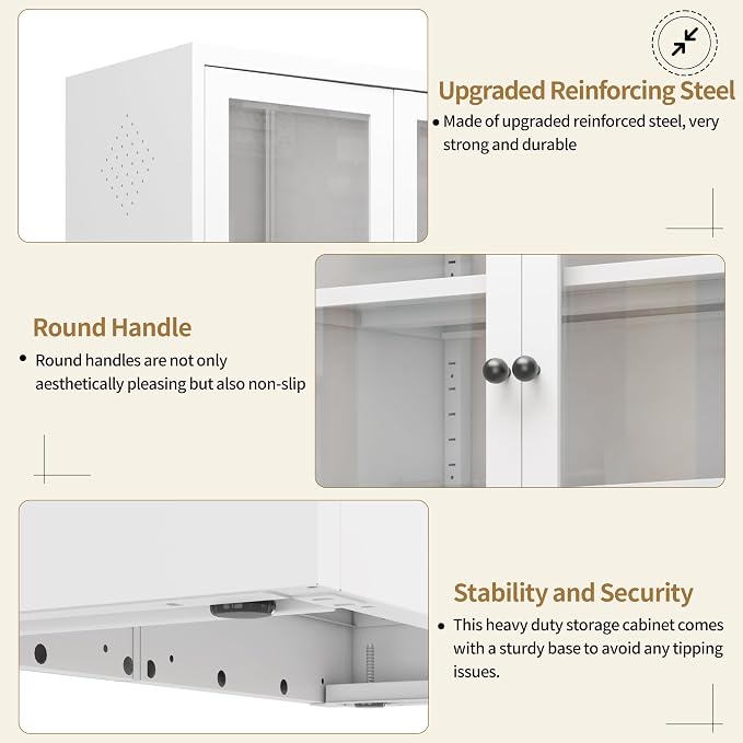 Kitchen Pantry Cabinet, 72" H Storage Cabinet with Glass Doors and Adjustable Shelves, Spacious Cupboard with Round Handles, Metal Kitchen Cabinet for Dining Room, Living Room, White