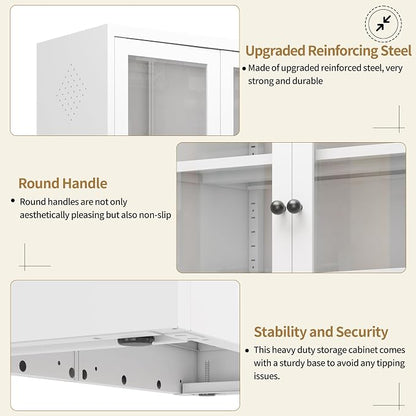Kitchen Pantry Cabinet, 72" H Storage Cabinet with Glass Doors and Adjustable Shelves, Spacious Cupboard with Round Handles, Metal Kitchen Cabinet for Dining Room, Living Room, White