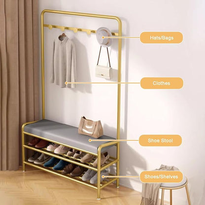 Narrow Hall Tree Storage Bench for Entryway, Coat Rack Shoe Bench Metal, Freestanding Coat Tree with Storage Shelf and Hooks, Entryway Bench with Shoe Storag(Orange-60 x 29 x 173 cm