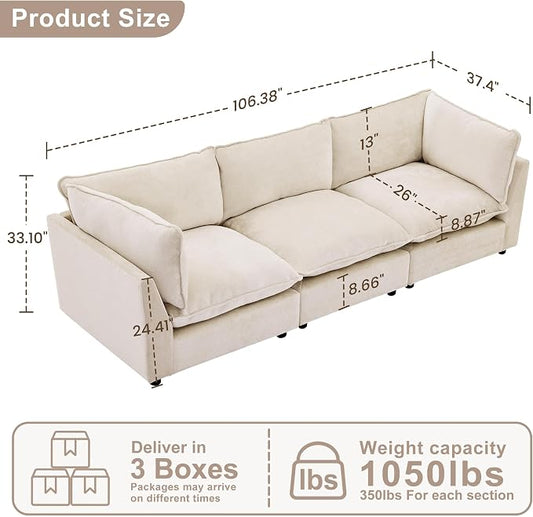 Iroomy Modular Sectional Sofa, Oversized Chenille Cloud Couch, Deep Comfy Seat, 3-Seater Sofas Couches for Living Room, Beige