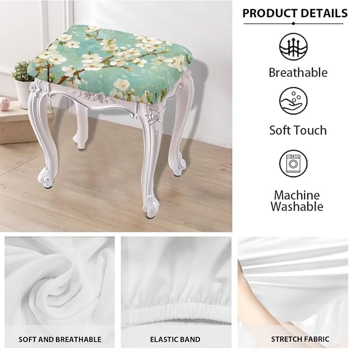 Almond Tree Oil Painting Bar Stool Seat Covers Turquoise Vanity Chair Cover Rectangle 2 Pack Soft Fabric Stretch Bar Stool Covers with Elastic Band