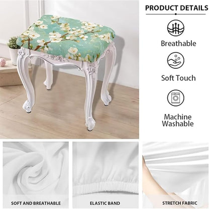 Almond Tree Oil Painting Bar Stool Seat Covers Turquoise Vanity Chair Cover Rectangle 2 Pack Soft Fabric Stretch Bar Stool Covers with Elastic Band