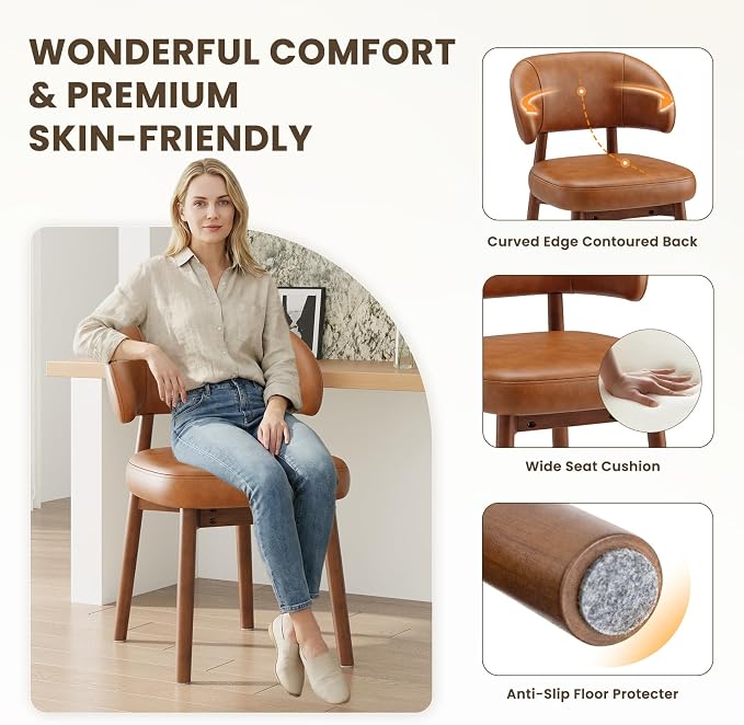 MALOL Wooden Dining Chairs Set of 2, Modern Upholstered Dining Room Chair, PU Leather Kitchen Side Chairs with Curved Open Back for Living Room/Restaurant/Cafe, Brown