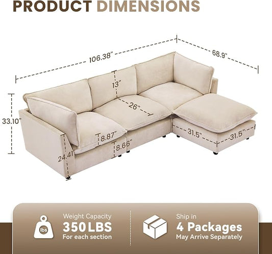 Iroomy Oversized Modular Sectional Sofa, Chenille Cloud Couch, Deep Comfy Seat, 4-Seater Sofas, Couches, Living Room, Beige