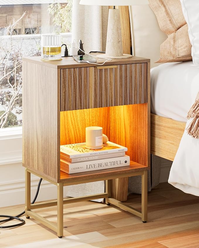 Masupu Fluted Nightstand with Charging Station and LED Lights,Modern Night Stand Wood Bedside Table with Storage Drawer Side End Table for Bedroom,Office,Walnut Brown