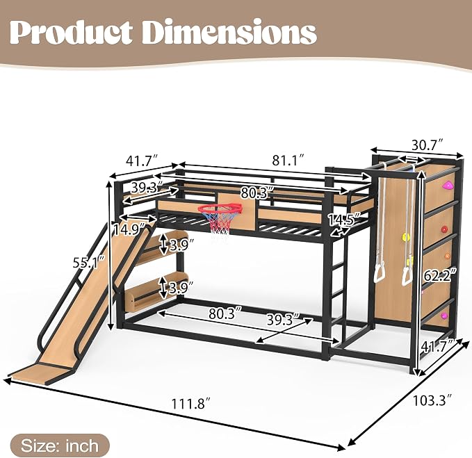 Harper & Bright Designs Heavy Duty Metal Bunk Bed with Slide and Basketball Hoop, Twin XL Size Bunk Bed with Bookshelf and Pull-up Rings for Bedroom, Black+Yellow