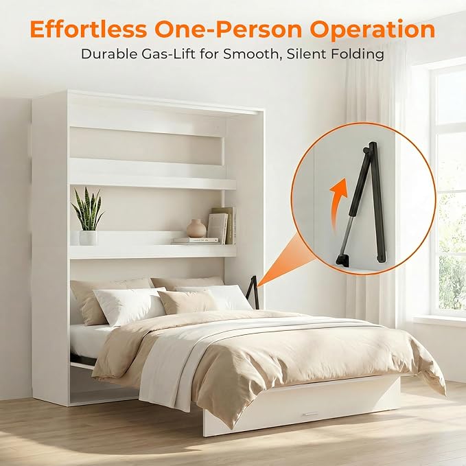 CECER Queen Vertical Murphy Wall Bed，Space Saving for Offices/Guest-White | Durable Gas-Lift for smooth folding，16 Color Controllable LED Lights，Sturdy frame ＆ Easy Assemble，High Gloss Panel