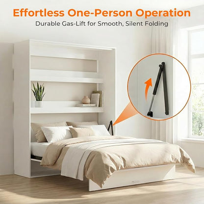 CECER Queen Vertical Murphy Wall Bed，Space Saving for Offices/Guest-White | Durable Gas-Lift for smooth folding，16 Color Controllable LED Lights，Sturdy frame ＆ Easy Assemble，High Gloss Panel