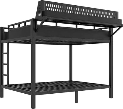 Bellemave Bunk Bed Queen Over Queen，Metal Bunk beds with Storage Shelves USB Ports and LED Lights, Black