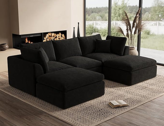 ohllob 110" U Shaped Couch, Cloud Sectional Couches for Living Room, Boneless Couch with Ottoman, 3 Seater Modular Sectional Sofa, Black