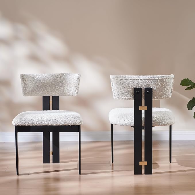 Morden Fort Boucle Dining Chair Set of 2, Upholstered Kitchen Chairs with Metal Frame & Curved Backrest, Mid Century Modern Armless Chair for Dining Room, Living Room, Apartments