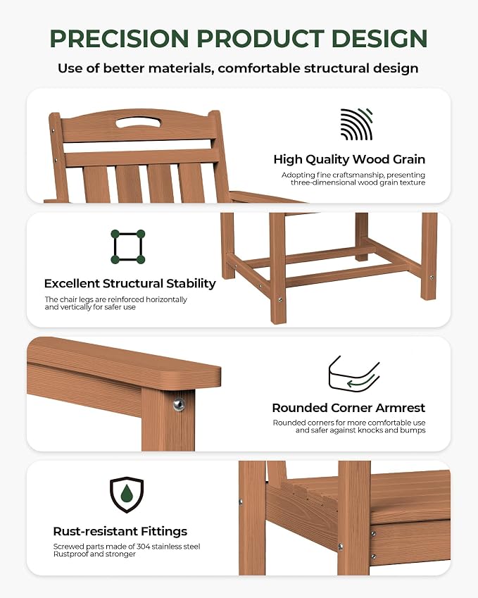 Outdoor Patio Dining, All-Weather HDPE Chair Fade-Resistant, and Low Maintenance for Backyard, Garden, or Patio, Teak