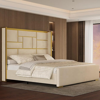 King Size Bed Frame with 55.12" Tall Headboard, Modern Luxury Velvet Upholstered Platform Bed with Gold Trim, Wide Wingback Design, Noise-Free, Easy Assembly, No Box Spring Needed, Beige