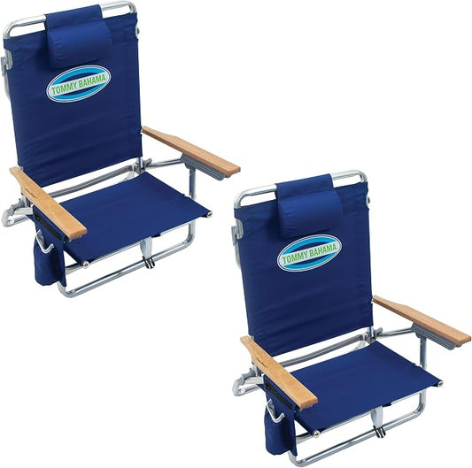 Tommy Bahama 2-Pack 5-Position Classic Lay Flat Backpack Beach Chair with Cooler and Cup Holder, Portable Folding Beach Chair for Tanning, Navy