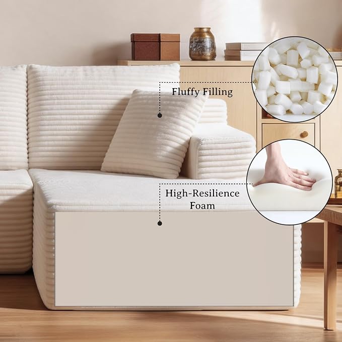 103" Modular Sectional Sofa, Comfort U Shaped Boneless Couch for Living Room, Extra Deep Seats No Assembly, Corduroy (White, 3 Seater + 2 Ottomans）