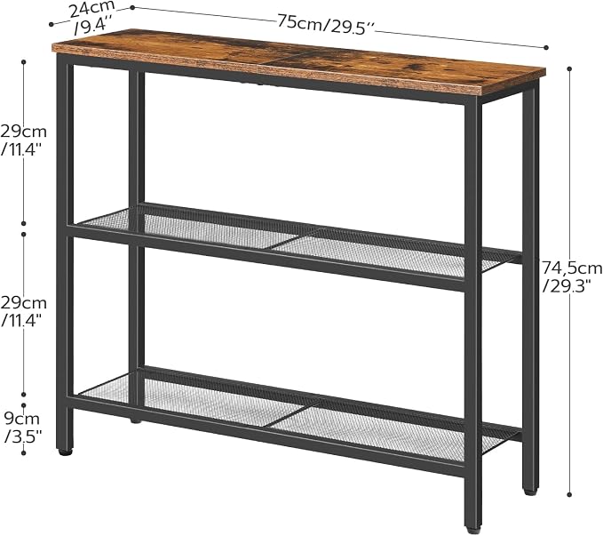 HOOBRO 29.5" Narrow Console Table, 3-Tier Entryway Table, Thin Sofa Table with Shelves, Side Table, Display Table, for Hallway, Entrance, Living Room, Bedroom, Rustic Brown and Black BF73XG01