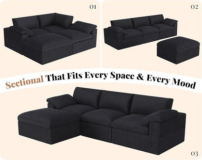 Jocisland 120" Cloud Modular Sectional Sofa, No-Assembly Oversized Chenille Couch with 76.4" Extra-Deep Chaise, Modern Black Cloud Couch for Living Room