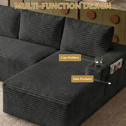 104" Cloud Sectional Couch L-Shaped with Side Pockets Cup Holders, Corduroy Boneless Couch for Living Room,Upholstered Deep-Seat Modular Sectional Sofa,No Assembly Required (Black,Right Facing Chaise)