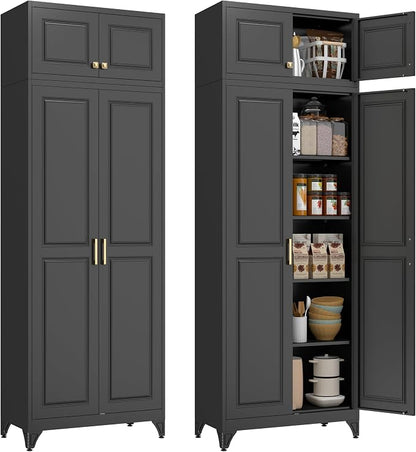 Polup Kitchen Pantry Cabinet, Metal Food Pantry cabinets with Doors and Shelves, 90" Tall Storage Cabinet for Dining, Living Room, Black, 16" D x 32" W x 90" H, Assembly Required