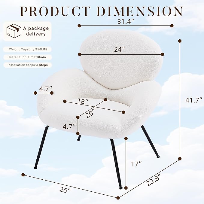 Accent Chair, Accent Chair for Bedroom, Boucle Chair (Cream Whtie) | Comfy Bedroom Chair with Love Back and Sturdy And Durable Solid-Wood Frame/ Study Room / Bedroom / Living Room /(Cream Style)