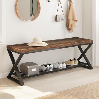 LVB Rustic Entryway Bench, 47” Shoe Bench with Storage for Entry Way, Industrial Shoe Rack Bench with Seating for Foyer Entrance, Farmhouse Wood Bench for Hallway Living Room Bedroom, Rustic Brown