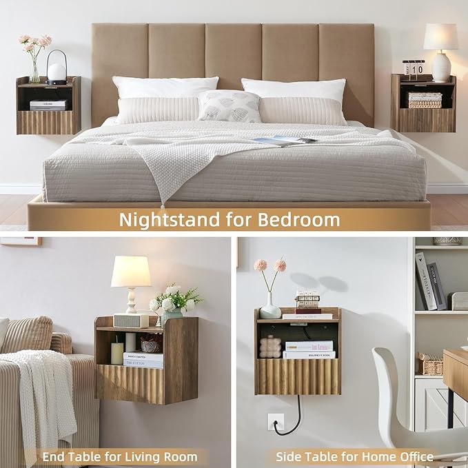 BuildHom Modern Fluted Floating Nightstand Wall Mounted - Bedside Table with Storage Drawer & Display Shelf, Minimalist Bedroom Furniture for Studio Apartments(Rustic Brown)