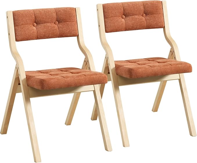 2-Pack Folding Dining Chairs with Cushion,Padded Foldable Dining Chairs,Portable Wooden Folding Chairs with Tufted Buttons Seat for Dining Rooms Kitchen Wedding and Party Indoor Orange