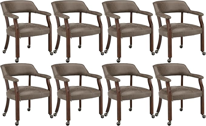 LEEMTORIG Set of 8 Dining Chairs with Casters and Arms, Rolling Dining Chairs with Wheels for Elderly, Ergonomic Wide Seat Wooden Office Chair, 26" Dx25.2 W, Cherry Legs&Dark Brown Fabric SY-1533-DK