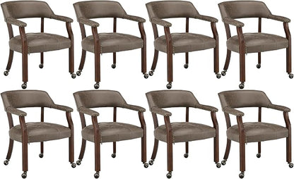 LEEMTORIG Set of 8 Dining Chairs with Casters and Arms, Rolling Dining Chairs with Wheels for Elderly, Ergonomic Wide Seat Wooden Office Chair, 26" Dx25.2 W, Cherry Legs&Dark Brown Fabric SY-1533-DK