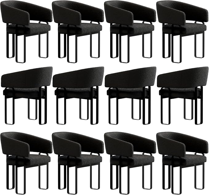 Black Boucle Dining Chairs Set of 12, Modern Barrel Dining Room Chairs with Curved Back and U-Shaped Metal Legs, Luxury Armchairs for Living Room Makeup Room
