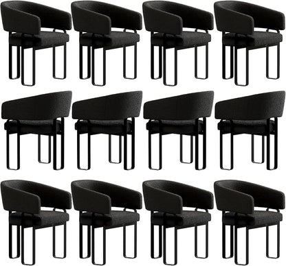 Black Boucle Dining Chairs Set of 12, Modern Barrel Dining Room Chairs with Curved Back and U-Shaped Metal Legs, Luxury Armchairs for Living Room Makeup Room