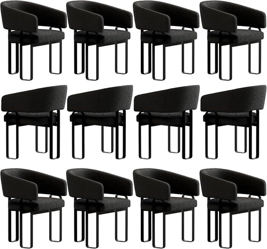 Black Boucle Dining Chairs Set of 12, Modern Barrel Dining Room Chairs with Curved Back and U-Shaped Metal Legs, Luxury Armchairs for Living Room Makeup Room