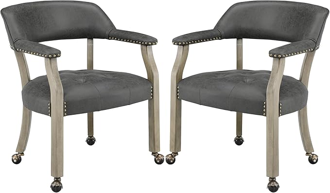 LEEMTORIG Set of 2 Dining Chairs with Casters and Arms, Rolling Dining Chairs with Wheels for Elderly, Ergonomic Wide Seat Wooden Office Desk Chair, 26"Dx25.2"W, Grey Legs&Dark Grey Fabric SY-1318-GY