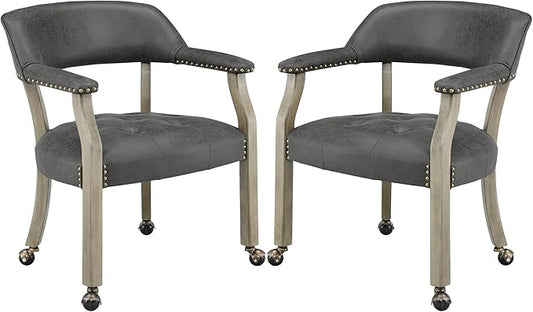 LEEMTORIG Set of 2 Dining Chairs with Casters and Arms, Rolling Dining Chairs with Wheels for Elderly, Ergonomic Wide Seat Wooden Office Desk Chair, 26"Dx25.2"W, Grey Legs&Dark Grey Fabric SY-1318-GY