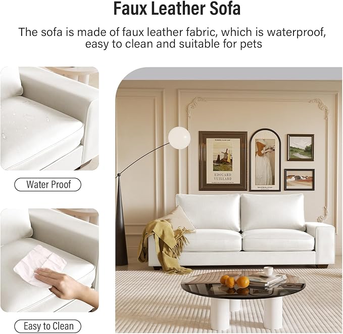 Valthie Faux Leather Couch, Mid Century Modern Comfy Loveseat Sofa with Wide Arm, Side Pockets, Solid Wooden Frame for Office, Living Room and Bedroom, 2 Seater (White, 71.25 Inches)