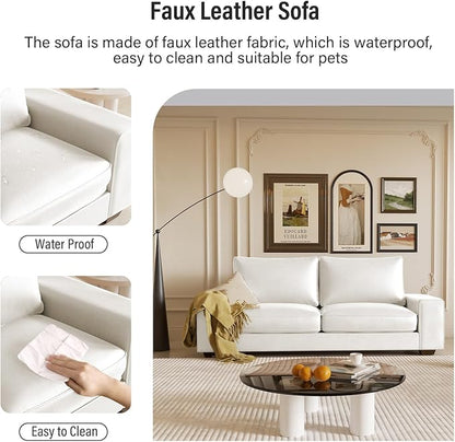 Valthie Faux Leather Couch, Mid Century Modern Comfy Loveseat Sofa with Wide Arm, Side Pockets, Solid Wooden Frame for Office, Living Room and Bedroom, 2 Seater (White, 71.25 Inches)