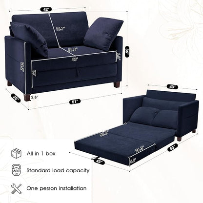 51" Convertible Sofa Bed, 2 in1 Folding Sofa Bed, Loveseat Sleeper Sofa for Small Spaces, Fold Out Floor Couch with 2 Pillows for Apartment, Living Room & Guest Room, Deep Blue Chenille Fabric