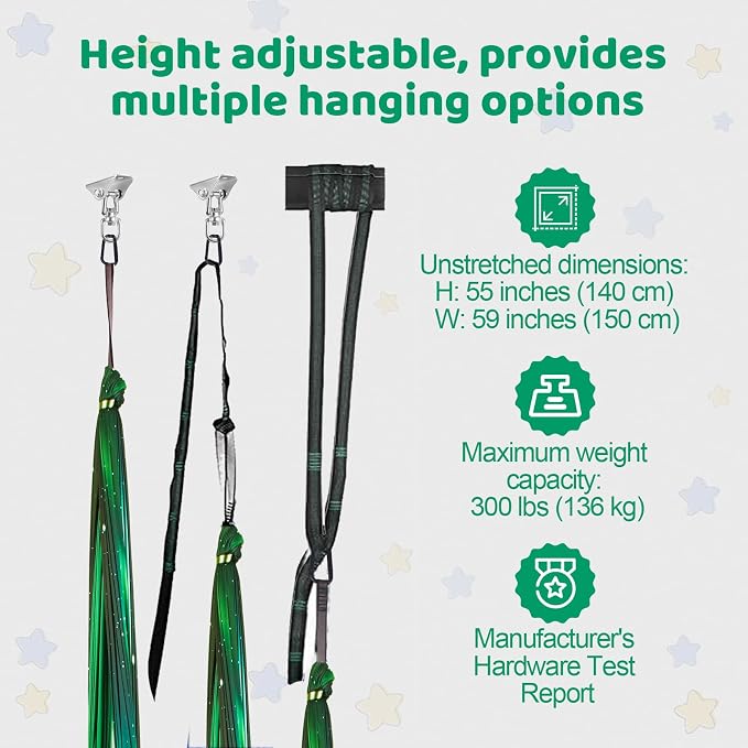HiCamer Double Layer Sensory Swing for Kids & Adults Holds up to 300lbs Indoor and Outdoor Therapy Cuddle Swing with 360° Swivel Hanger Kit Adjustable Swing with Aspergers Autism ADHD (Aurora Green)