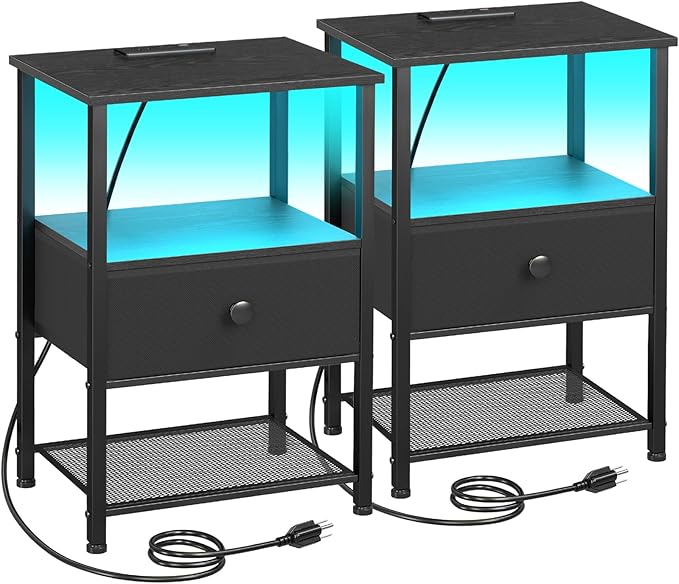 LOAKEKEL Nightstands Set of 2 with Charging Station, Night Stand with LED Lights, End Tables Living Room with Storage Shelf, Bed Side Tables with Storage Drawer for Bedroom, Black, HETS01BK
