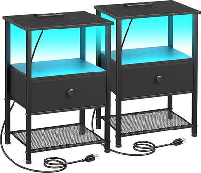 LOAKEKEL Nightstands Set of 2 with Charging Station, Night Stand with LED Lights, End Tables Living Room with Storage Shelf, Bed Side Tables with Storage Drawer for Bedroom, Black, HETS01BK