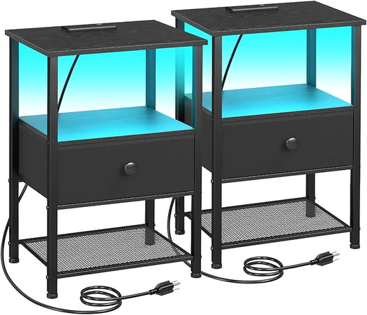 LOAKEKEL Nightstands Set of 2 with Charging Station, Night Stand with LED Lights, End Tables Living Room with Storage Shelf, Bed Side Tables with Storage Drawer for Bedroom, Black, HETS01BK