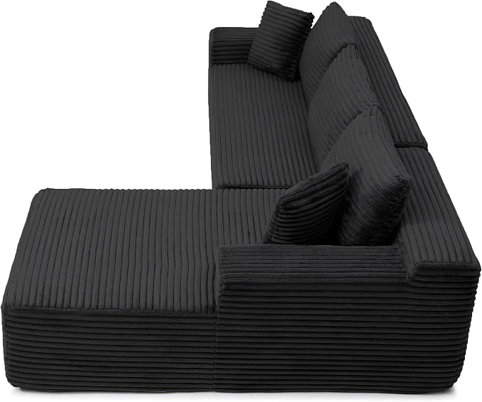 105-Inch L-Shaped Right Facing Corner Compressed Sofa Modular Sectional Boneless Cloud Sofa Floor Foam Couch with Chaise Lounge, Corduroy Corner Boneless Cloud Couch