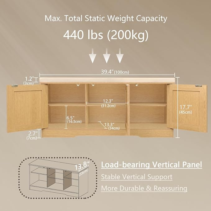 DINZI LVJ Shoe Bench, Entryway Storage Bench with Doors, Cushion, 2-Tier Shoe Rack with 6-Cubby, 39.4”L x 13.8”W Shoe Organizer Cabinet, Adjustable Shelf, Living Room, Bedroom, Natural