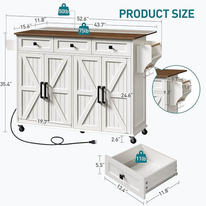 RALGEND Kitchen Island with Drop Leaf & Power Outlet, Rolling Kitchen Island Cart On Wheels, Barn Door Kitchen Island Table with Storage and Tower Rack, Island Table for Kitchen, White and Walnut