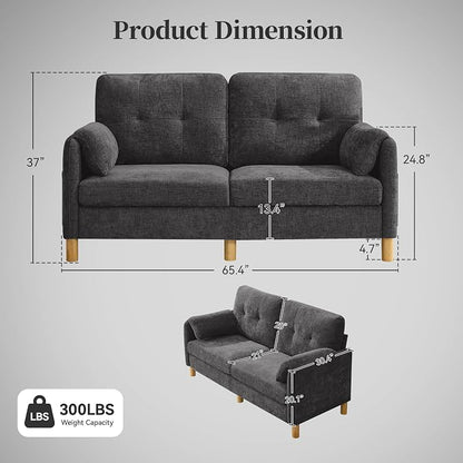65" Loveseat Sofa, Mid Century Loveseat Couch for Living Room with Storage Pockets, Upholstered Small Loveseat for Small Spaces, Bedroom, Home Office, Apartments, Small Sofa Chenille Dark Grey