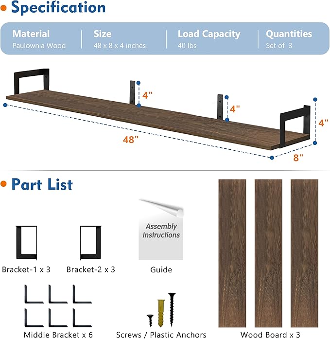 Harwaya Large Floating Shelves for Wall 48 Inches Long Set of 3, Rustic Wood Wall Bookshelf for Living Room Bedroom Books, Heavy Duty Hanging Storage Shelf for Laundry Room (Dark Brown)