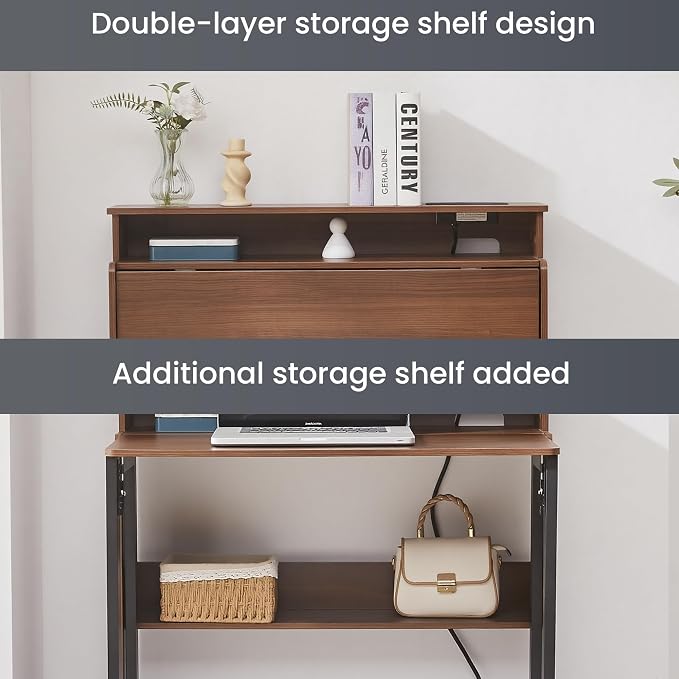 Fold Out Desk with Power Outlets, Small Foldable Table with Storage Shelf,Space-Saving Hidden Desk for Bedroom, Living Room & Office (Walnut)
