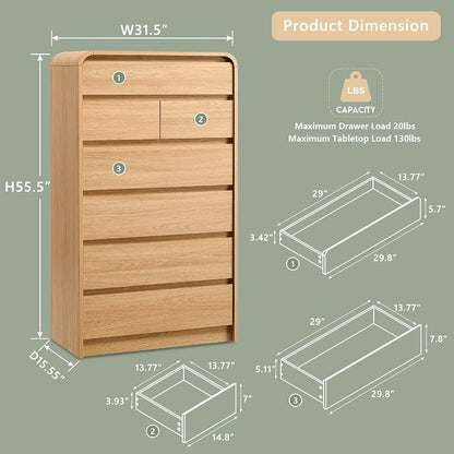 Aitjunz Modern 7 Drawers Dresser for Bedroom, 55" Tall Dressers & Chest of Drawers w/Curved Profile Design, Wood Mid Century Vertical Storage Dressers Organizer for Bedroom, Living Room, Natural Oak
