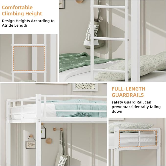 Metal Bunk Bed with Trundle, Space-Saving Bunk Bed Full Over Full with Ladders and Safety Guardrail, Heavy Duty Full Bed Frames, No Box Spring Needed and Noise Free(White)